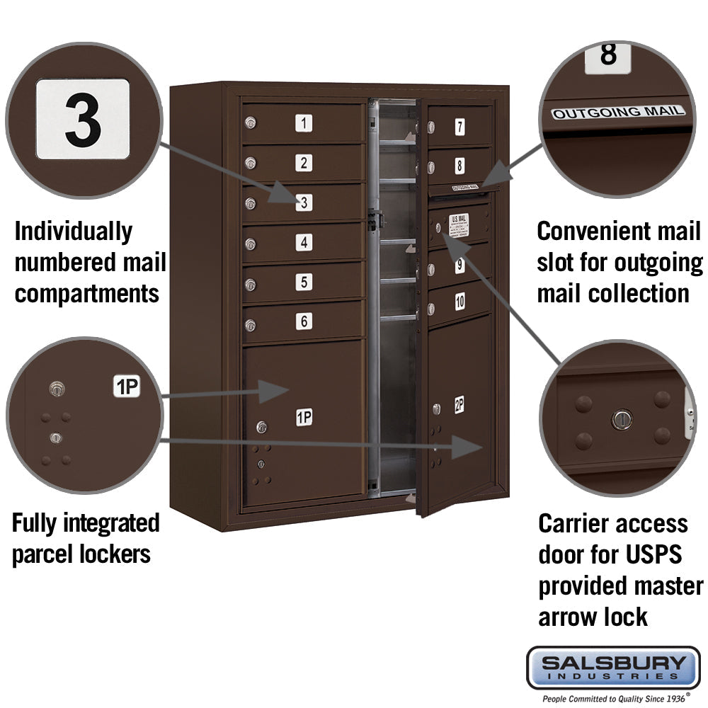 10-Door High Surface Mounted 4C Horizontal Mailbox with Parcel Lockers in Bronze