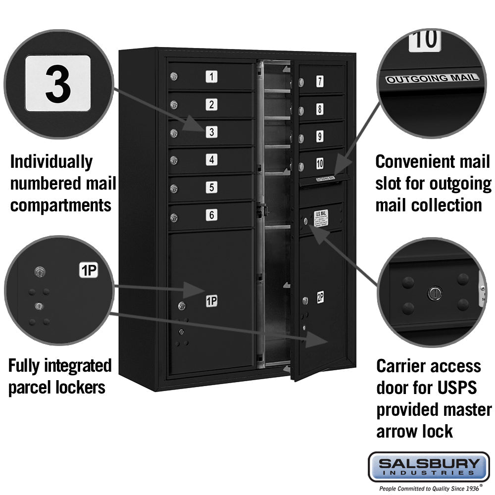Salsbury Surface Mounted 4C Horizontal Mailbox Unit, Double Column, Black, Front Loading, USPS Access