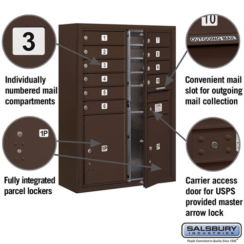 Salsbury Surface Mounted 4C Horizontal Mailbox Unit, 11-Door High, Bronze, Front Loading, USPS Access
