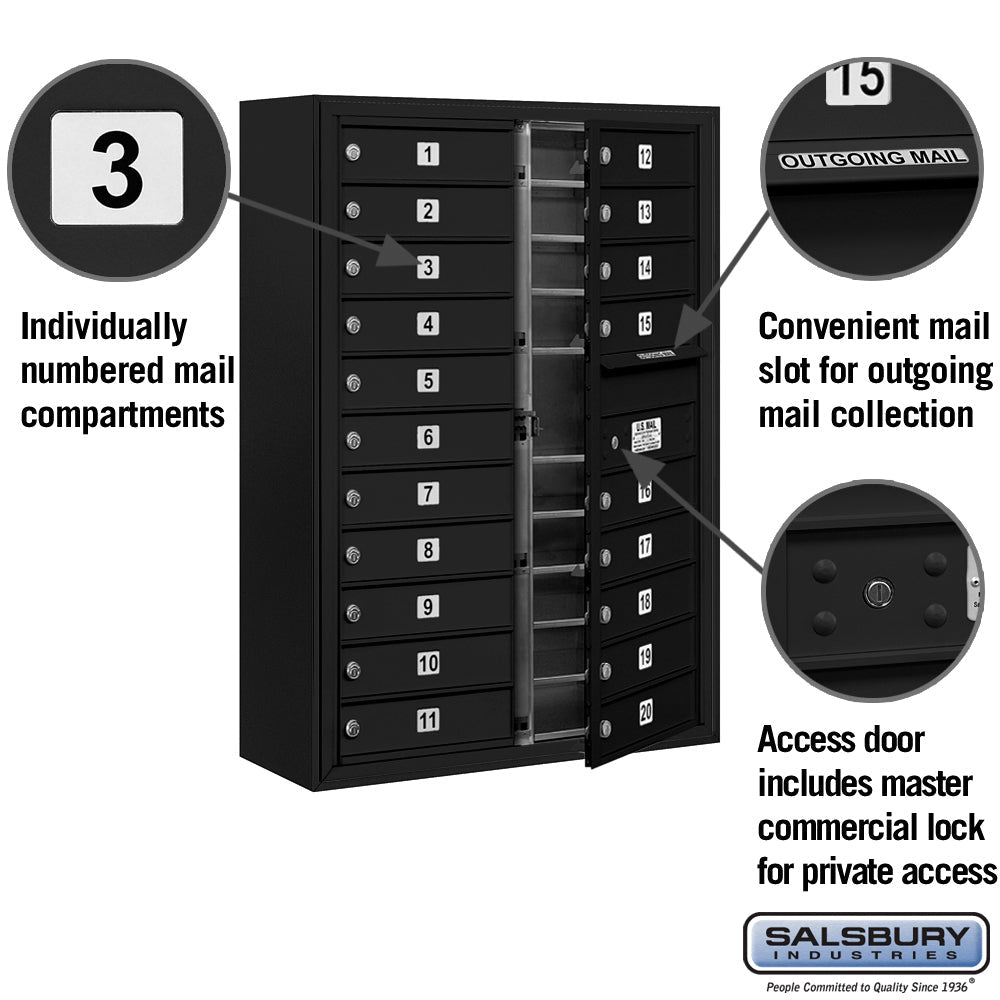 11 Door High Surface Mounted 4C Horizontal Mailbox with 20 Doors in Black with Private Access