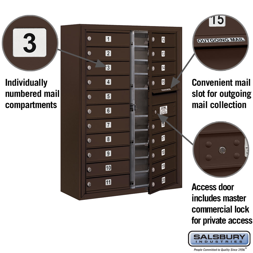 11 Door High Surface Mounted 4C Horizontal Mailbox with 20 Doors in Bronze with Private Access