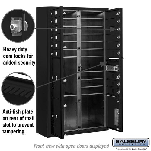 Maximum Height Surface Mounted 4C Horizontal Mailbox with 15 Doors and 3 Parcel Lockers in Black with USPS Access