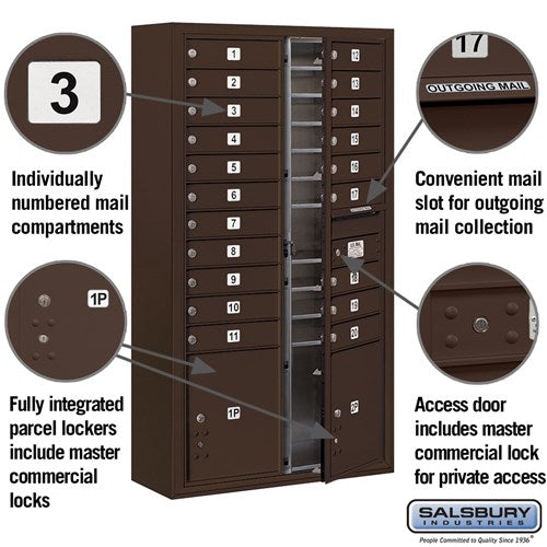 Maximum Height Surface Mounted 4C Horizontal Mailbox with 14 Doors in Bronze with Private Access