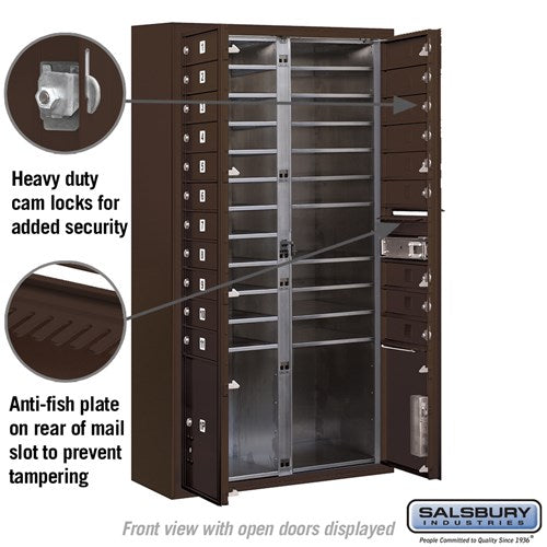 Maximum Height Surface Mounted 4C Horizontal Mailbox with 20 Doors and 2 Parcel Lockers in Bronze with USPS Access