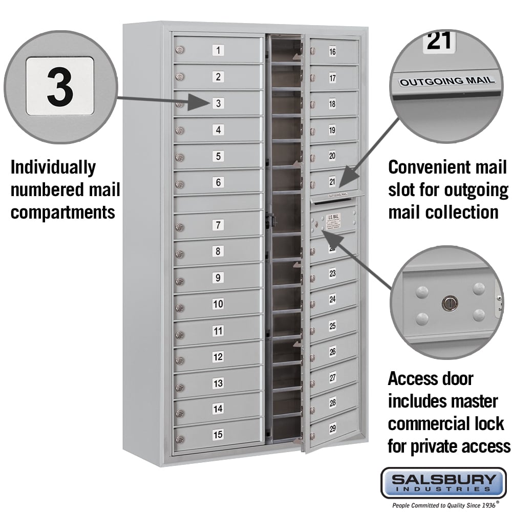 Salsbury Surface Mounted 4C Horizontal Mailbox Unit, Maximum Height, Double Column, Aluminum, Front Loading, Private Access