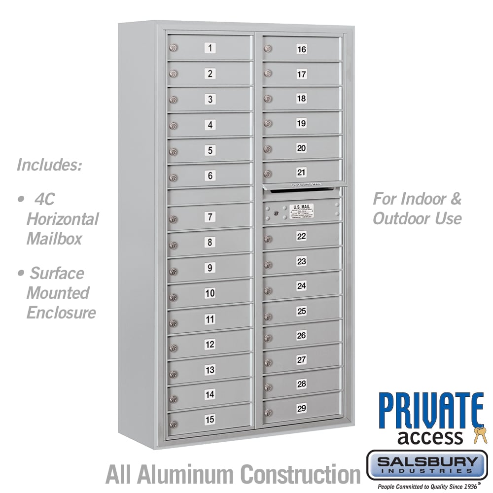 Salsbury Surface Mounted 4C Horizontal Mailbox Unit, Maximum Height, Double Column, Aluminum, Front Loading, Private Access