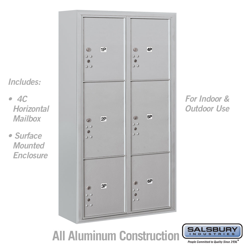 Maximum Height Surface Mounted 4C Horizontal Mailbox with 6 Doors and 2 Parcel Lockers in Aluminum with USPS Access
