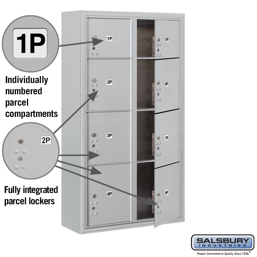 Maximum Height Surface Mounted 4C Horizontal Parcel Locker with 8 Parcel Lockers in Aluminum with USPS Access