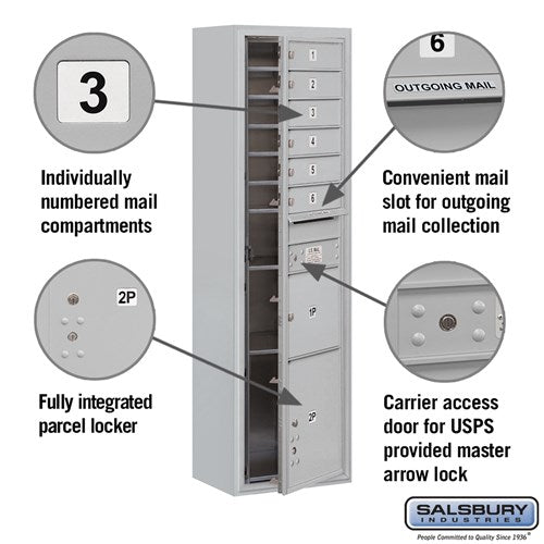 Maximum Height Surface Mounted 4C Horizontal Mailbox with 6 Doors and 2 Parcel Lockers in Aluminum with USPS Access