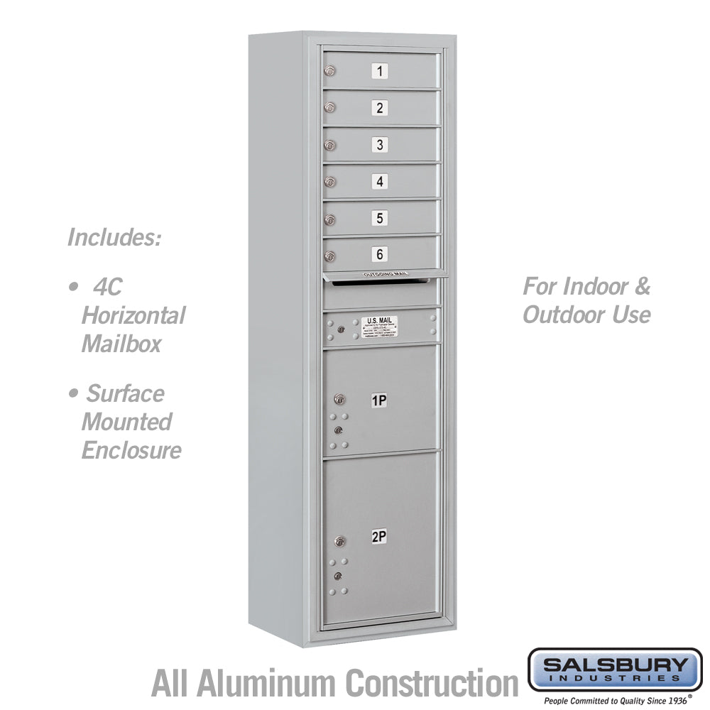 Maximum Height Surface Mounted 4C Horizontal Mailbox with 6 Doors and 2 Parcel Lockers in Aluminum with USPS Access