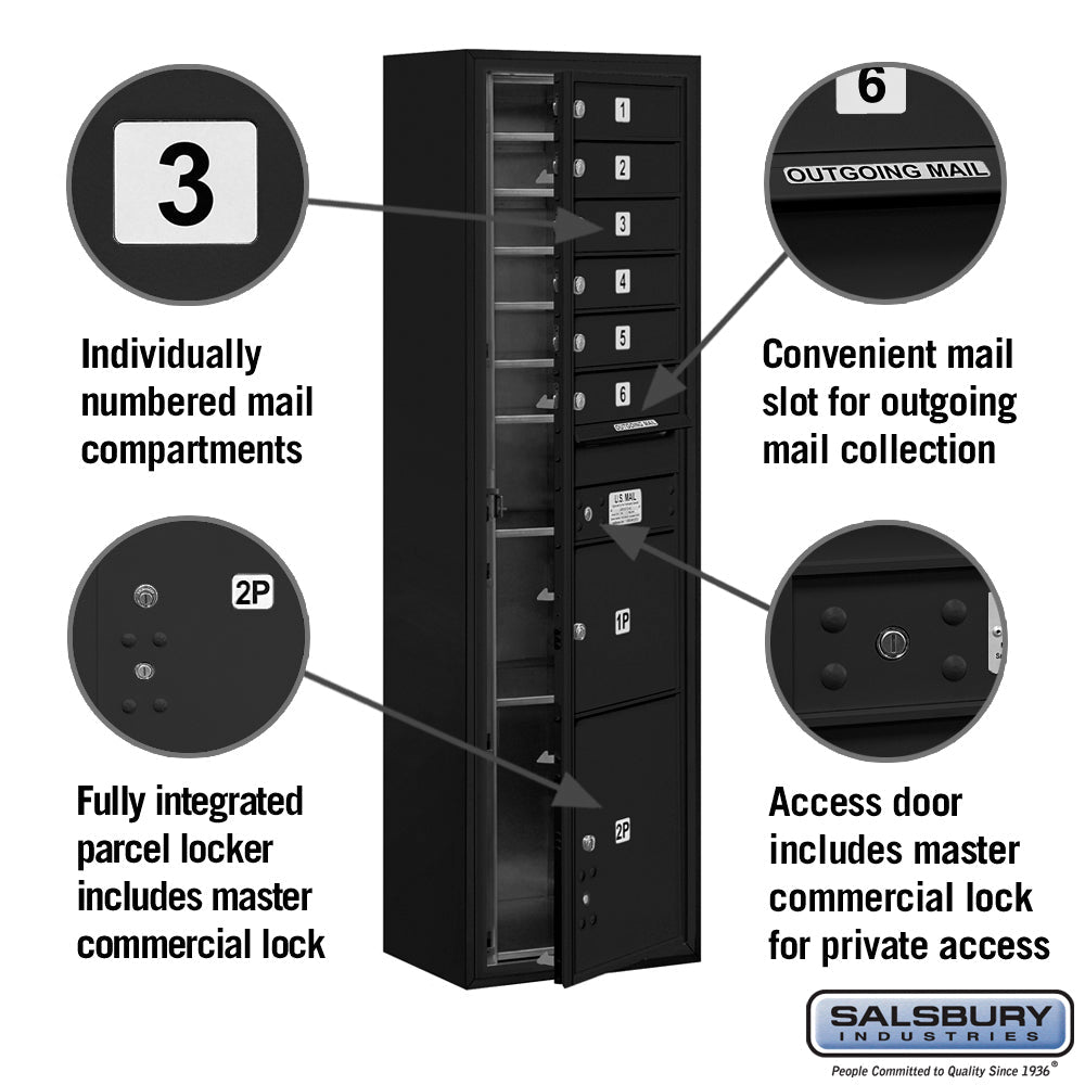 Maximum Height Surface Mounted 4C Horizontal Parcel Locker with 6 Compartments in Black
