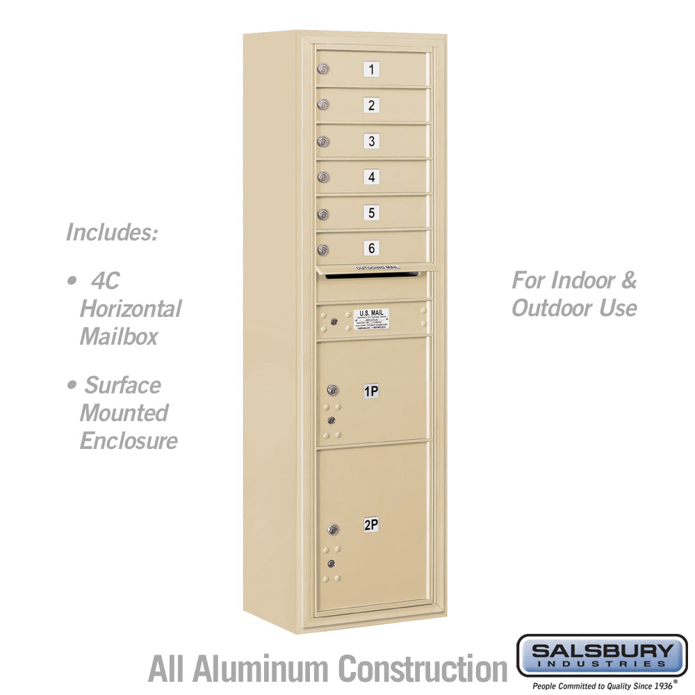 6 Door High Surface Mounted 4C Horizontal Mailbox with Parcel Locker in Sandstone