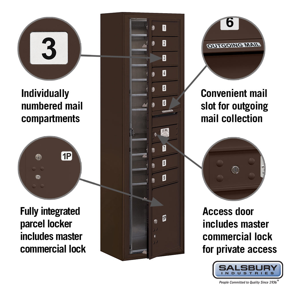 Maximum Height Surface Mounted 4C Horizontal Mailbox with Parcel Locker in Bronze