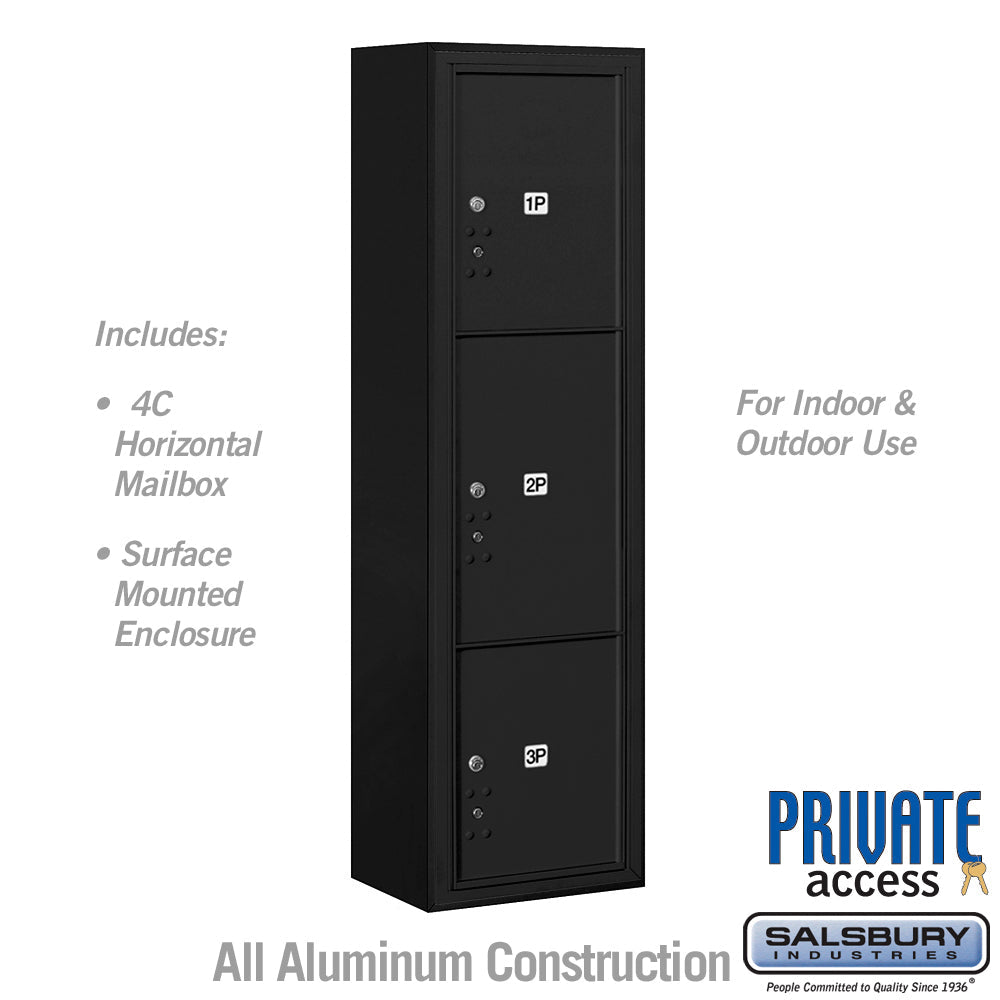 Maximum Height Surface Mounted 4C Horizontal Parcel Locker with 3 Parcel Lockers in Black with Private Access