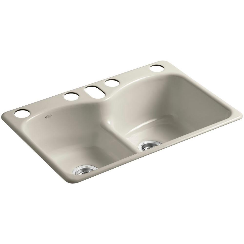 Langlade Smart Divide Undermount Cast Iron 33 in. 6-Hole Double Bowl Kitchen Sink in White - Super Arbor