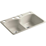Langlade Smart Divide Undermount Cast Iron 33 in. 6-Hole Double Bowl Kitchen Sink in White - Super Arbor