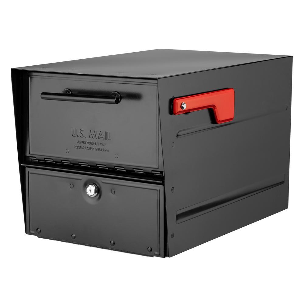 Oasis Eclipse Rubbed Bronze Post Mount Locking Parcel Mailbox with Silver Flag - Super Arbor