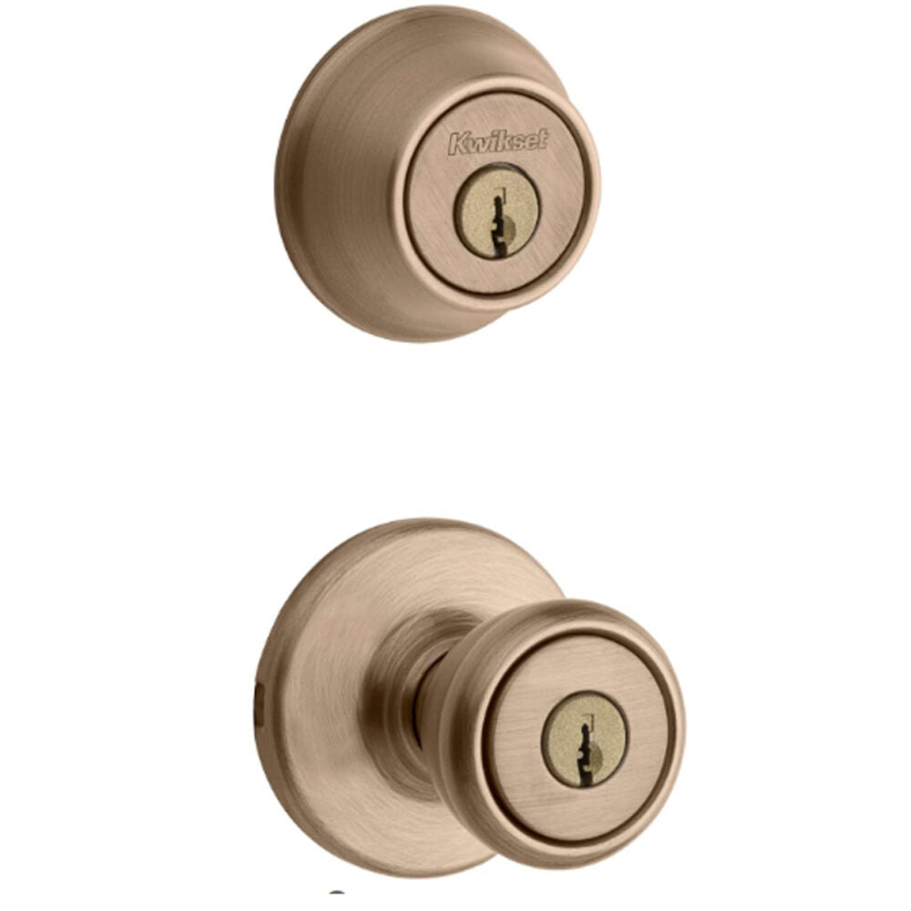 Kwikset Tylo Antique Brass Entry Lock and Single Cylinder Deadbolt, ANSI/BHMA Grade 3, 1-3/4 in.
