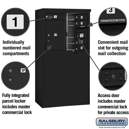 6-Door Free-Standing Mailbox with Parcel Locker in Black