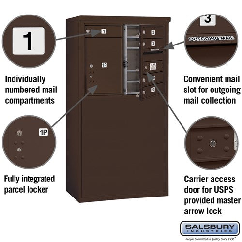 6 Door High Free-Standing 4C Horizontal Mailbox with Parcel Locker in Bronze