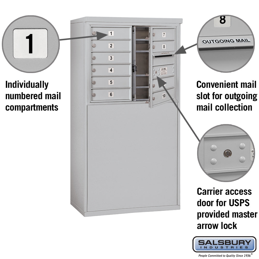 6 Door High Free-Standing 4C Horizontal Mailbox with 10 Doors in Aluminum with USPS Access