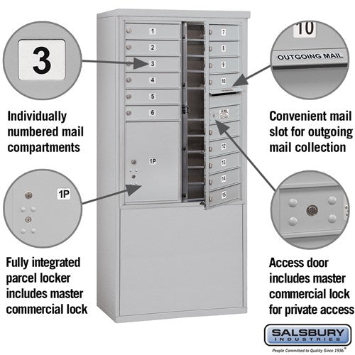 11 Door High Free-Standing 4C Horizontal Mailbox with 15 Doors and Parcel Locker in Aluminum