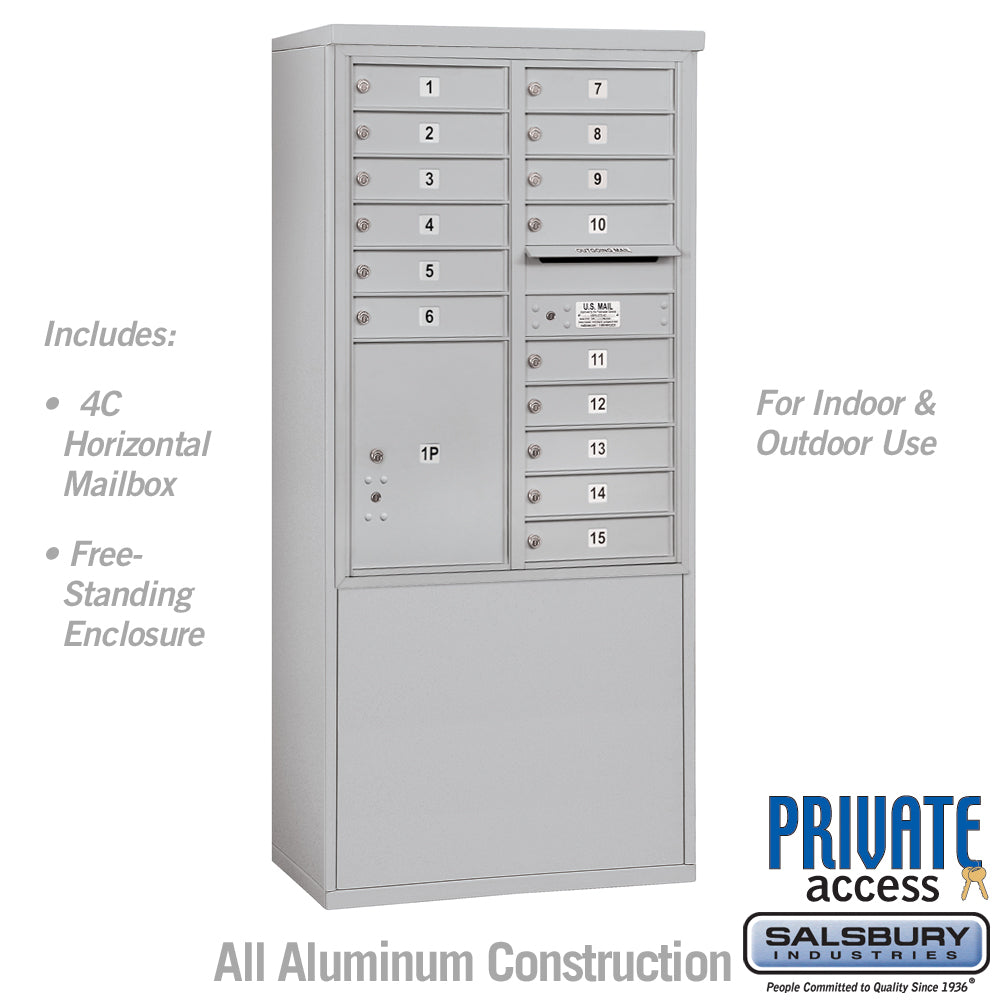 11 Door High Free-Standing 4C Horizontal Mailbox with 15 Doors and Parcel Locker in Aluminum
