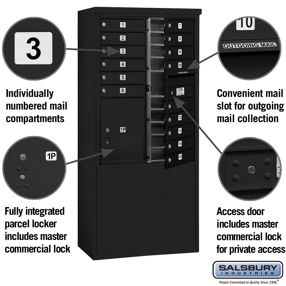 11 Door High Free-Standing 4C Horizontal Mailbox with Parcel Locker in Black