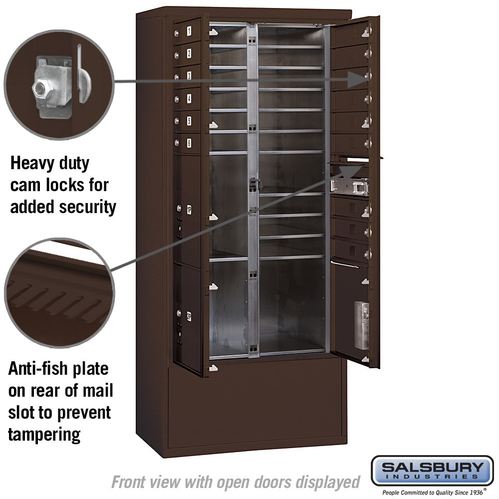 Maximum Height Free-Standing 4C Horizontal Mailbox with 15 Doors and 3 Parcel Lockers in Bronze with Private Access