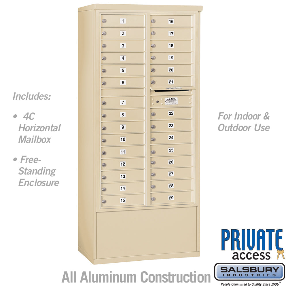 Maximum Height Free-Standing 4C Horizontal Mailbox with 29 Doors in Sandstone with Private Access