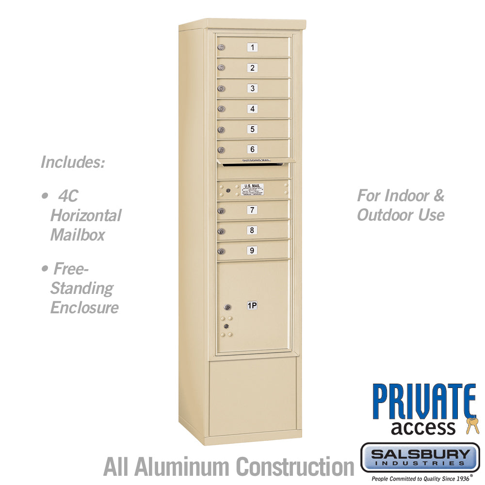 Maximum Height Free-Standing 4C Horizontal Mailbox with 9 Doors and 1 Parcel Locker in Sandstone