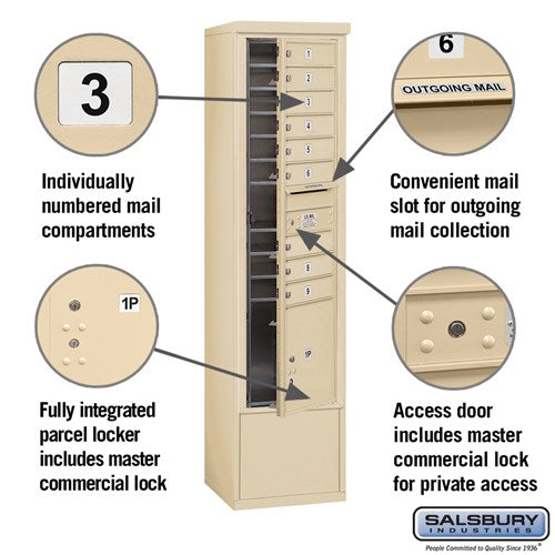 Maximum Height Free-Standing 4C Horizontal Mailbox with 9 Doors and 1 Parcel Locker in Sandstone