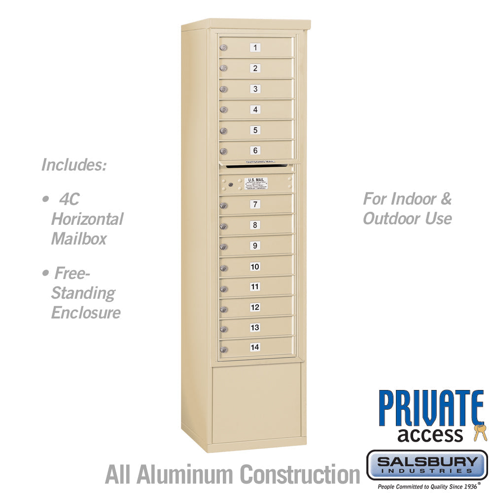 Maximum Height Free-Standing 4C Horizontal Mailbox with 14 Doors in Sandstone with Private Access