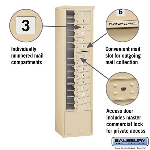 Maximum Height Free-Standing 4C Horizontal Mailbox with 14 Doors in Sandstone with Private Access