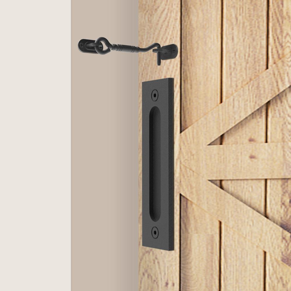 12 in. Steel Black Powered Ladder Sliding Barn Door Handle with Hook Lock Latch - Super Arbor