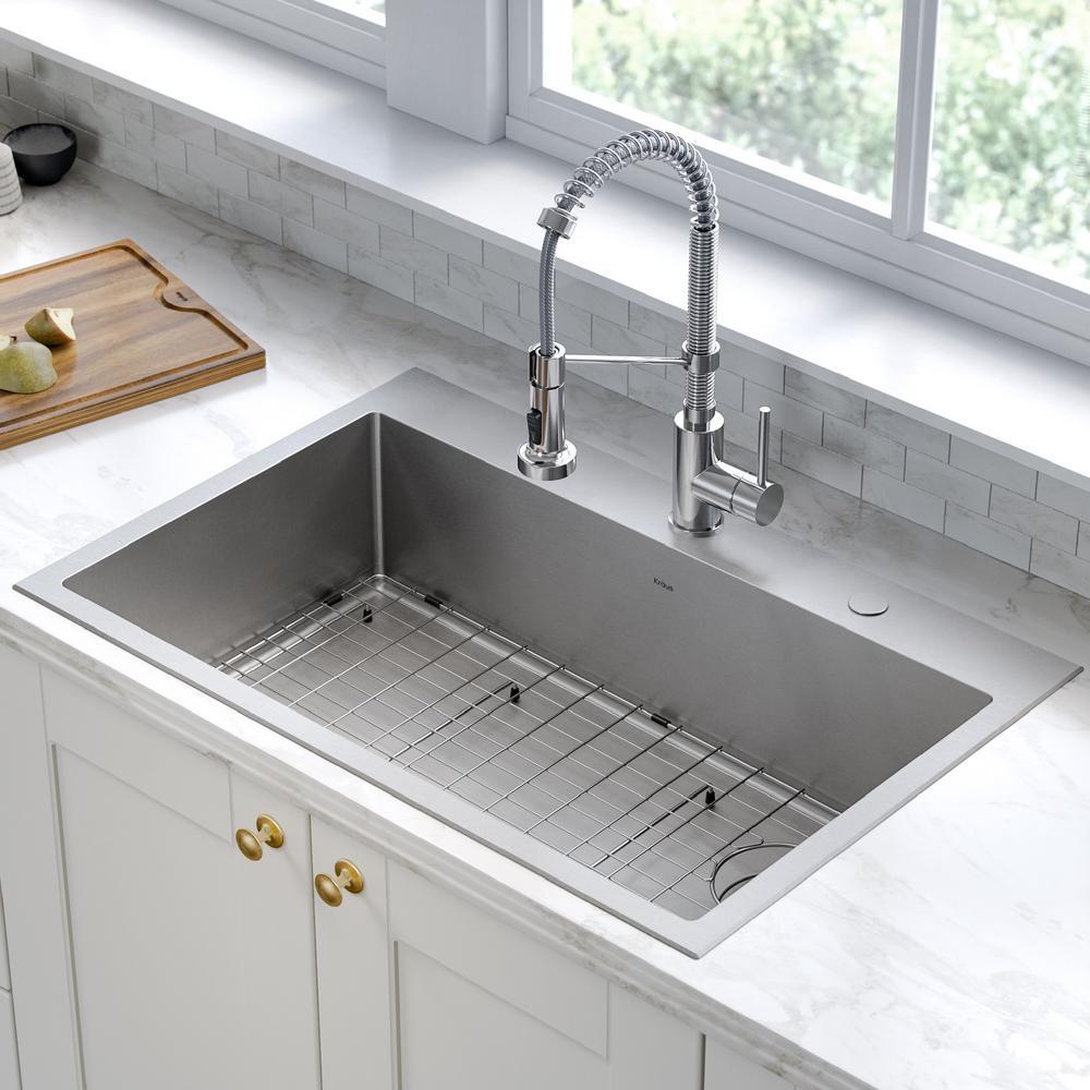 Loften All-in-One Dual Mount Drop-In Stainless Steel 33in. Single Bowl Kitchen Sink with Pull Down Faucet in Chrome - Super Arbor