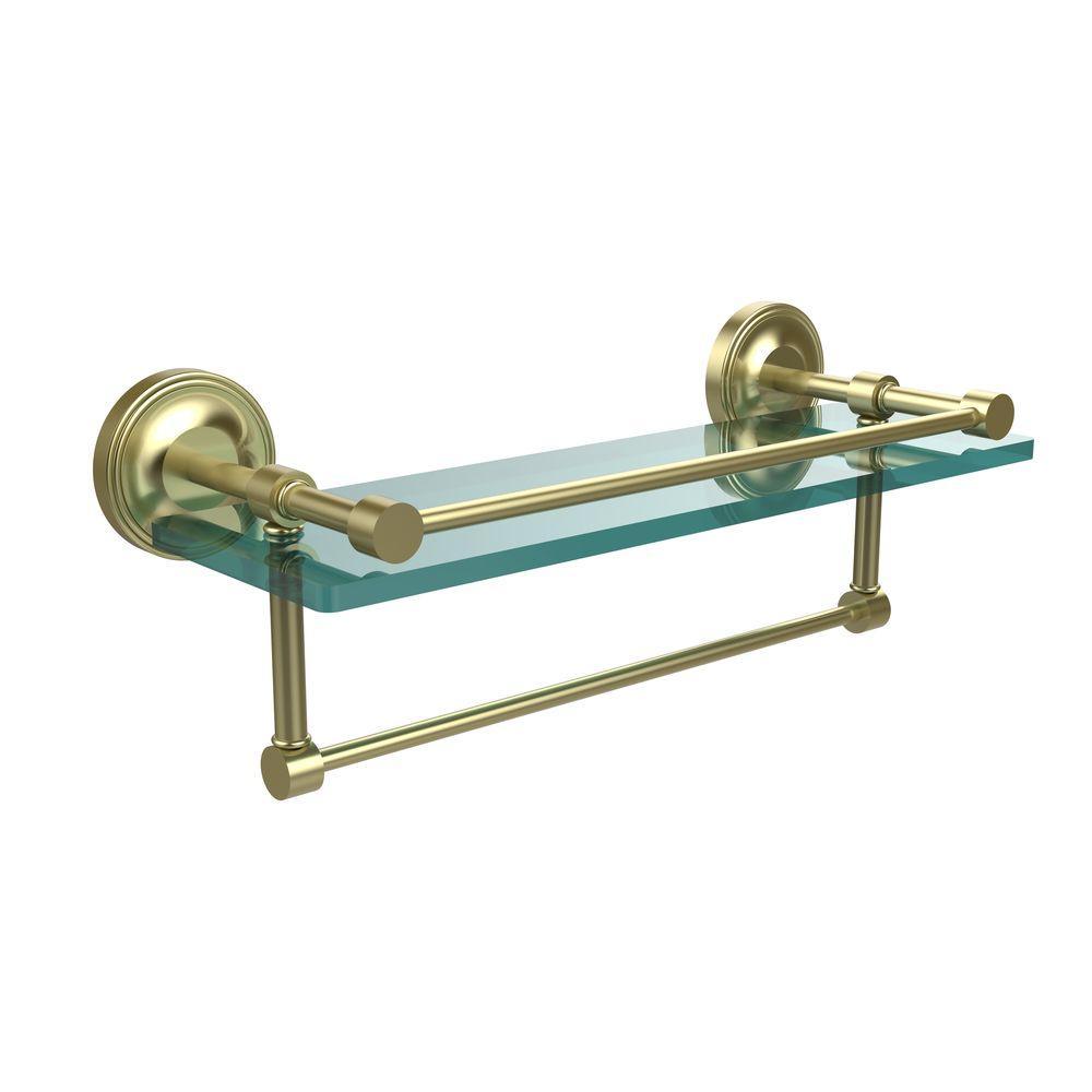 16 in. L  x 5 in. H  x 5 in. W Gallery Clear Glass Bathroom Shelf with Towel Bar in Polished Nickel - Super Arbor
