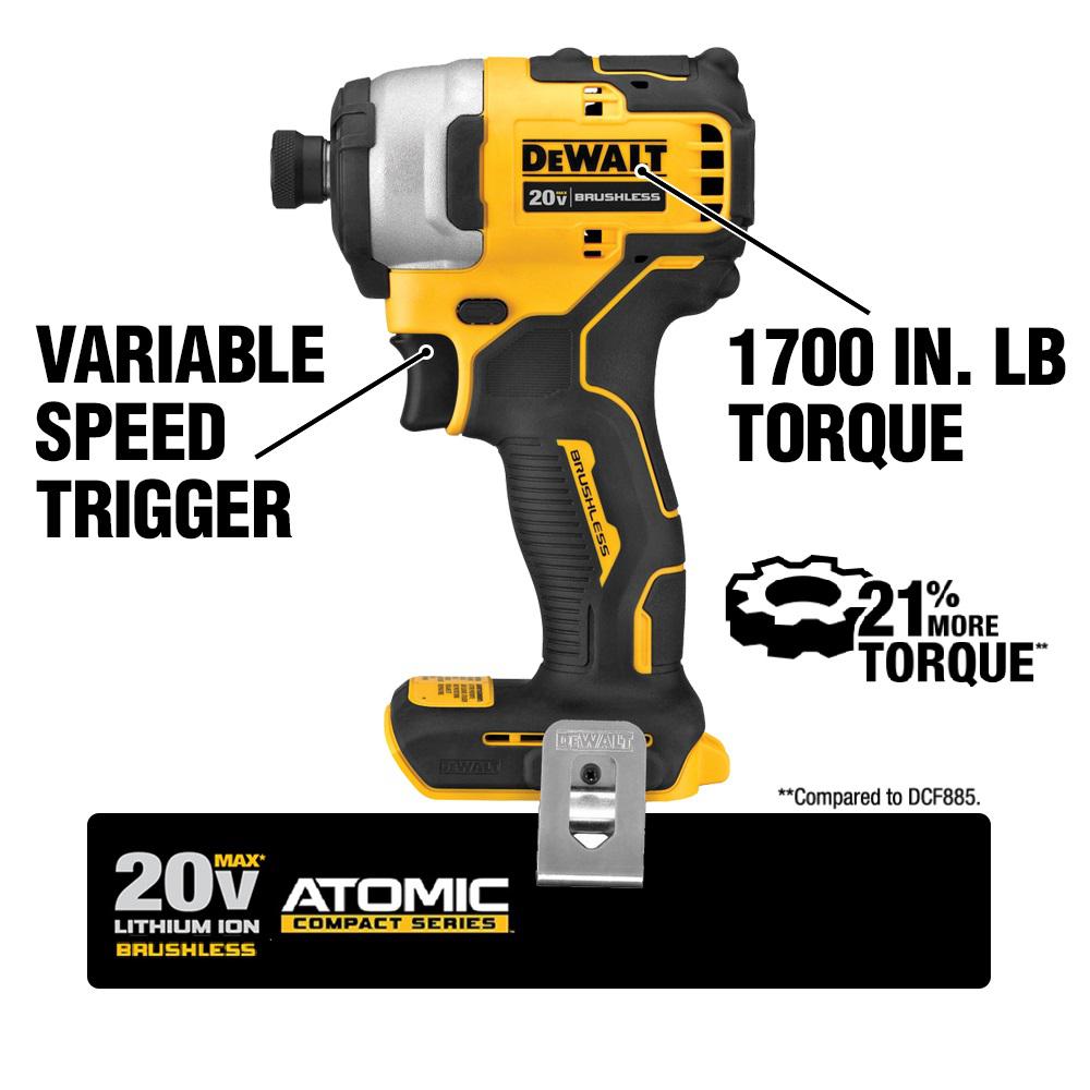 ATOMIC 20-Volt MAX Lithium-Ion Brushless Cordless Compact 1/4 in. Impact Driver with 2 Batteries 1.3 Ah Charger and Bag