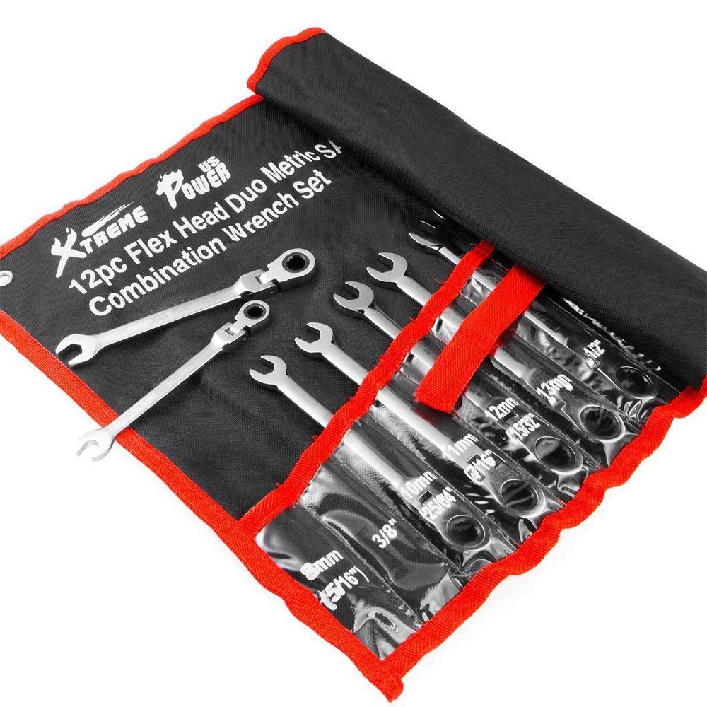 Flex-Head SAE and MM Ratcheting Combination Wrench Set (12-Piece) - Super Arbor