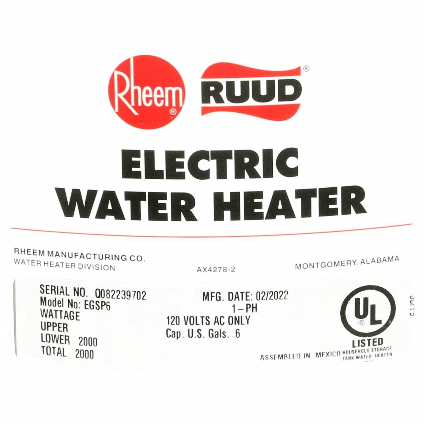 RHEEM-RUUD 6-Gallon Point-of-Use Electric Water Heater - 120V