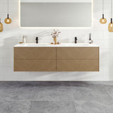Eviva Lotus 59"W x 19"D Natural Oak Wall Mount Double Sink Bathroom Vanity with White Solid Surface Countertop and Integrated Sinks
