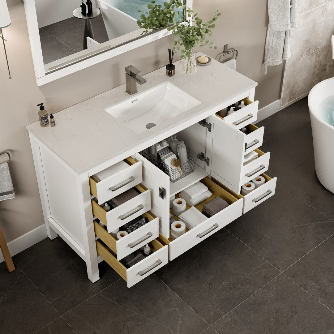 Eviva London 54 in. W x 18 in. D x 34 in. H Bathroom Vanity in White with White Carrara Marble/Quartz Top and White Sink