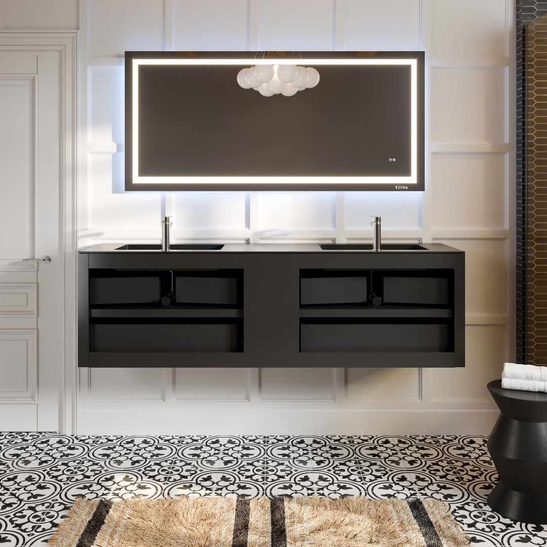 Eviva Vienna 75 in. W x 20.70 in. D x 21.60 in. H Floating Double Bathroom Vanity, Black Oak, Acrylic Top in Black