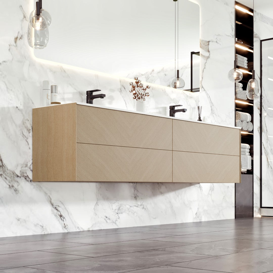 Eviva Lotus 71"W x 19"D Natural Oak Wall Mount Double Sink Bathroom Vanity with White Solid Surface Countertop and Integrated Sinks