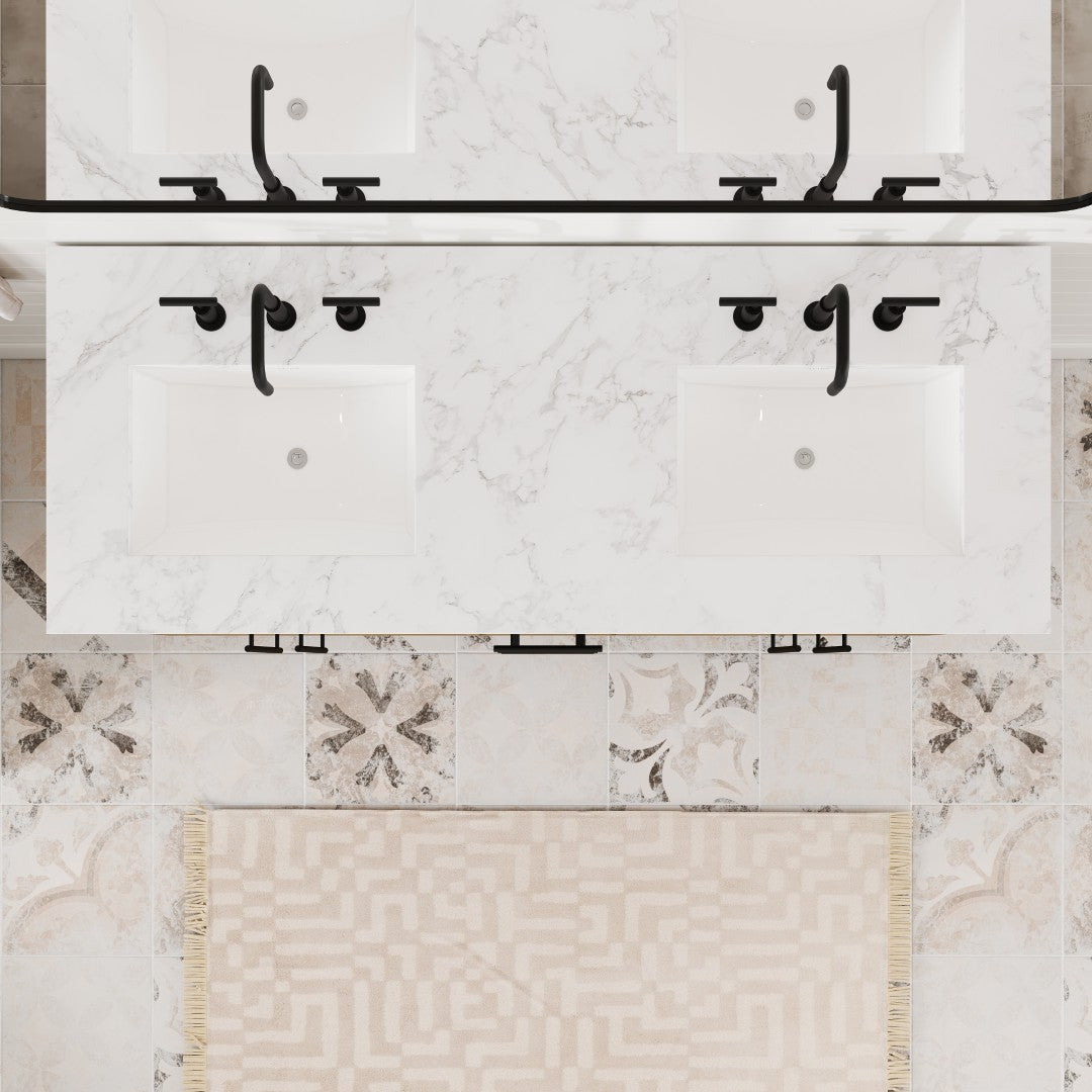 Eviva Graham 60"W x 22"D Oak Double Sink Bathroom Vanity with White Arabescato Engineered Stone Countertop and Undermount Ceramic Sinks