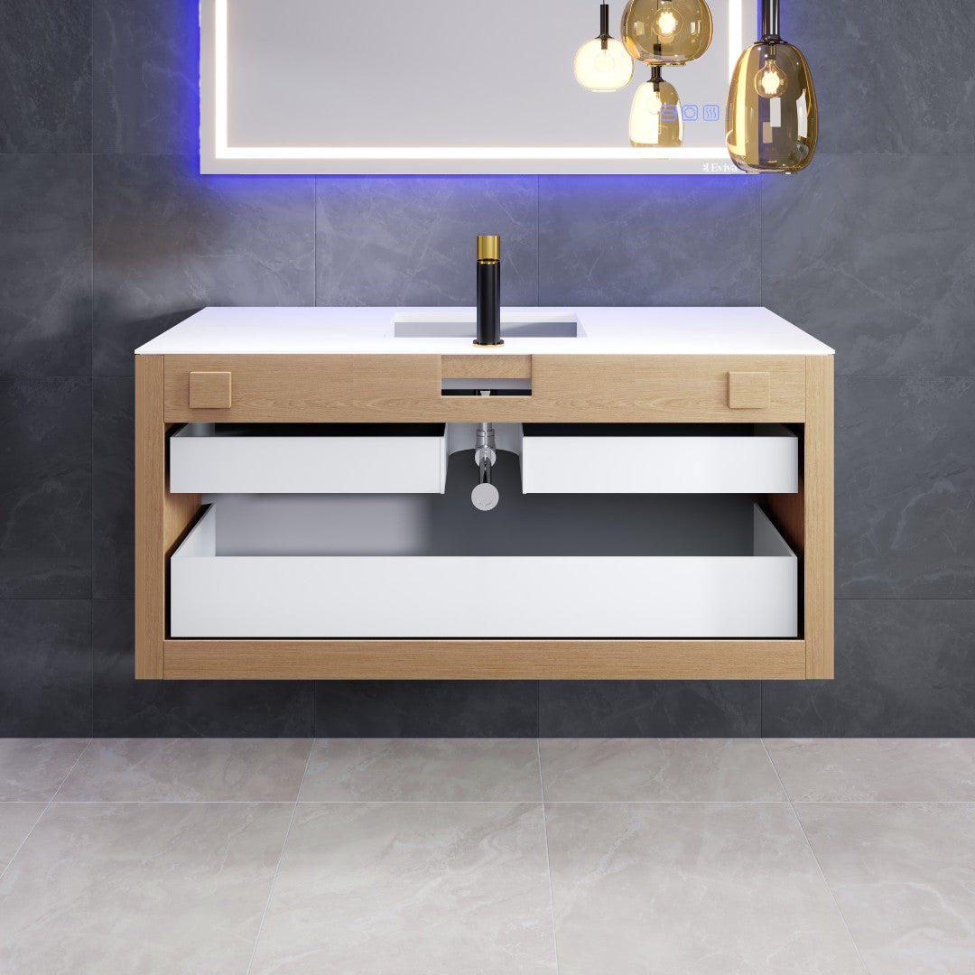 Eviva Mosaic 49"W x 20"D Natural Oak Wall Mount Bathroom Vanity with White Solid Surface Countertop and Integrated Sink