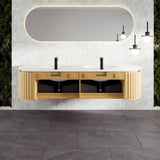 Eviva Haven 71"W x 22"D Natural Oak Double Sink Bathroom Vanity with White Solid Surface Countertop and Integrated Sinks