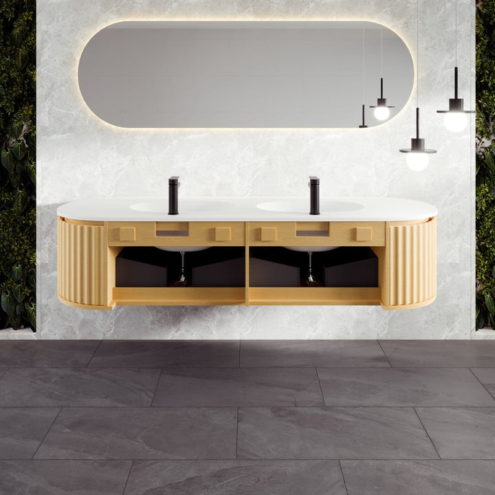 Eviva Haven 71"W x 22"D Natural Oak Double Sink Bathroom Vanity with White Solid Surface Countertop and Integrated Sinks