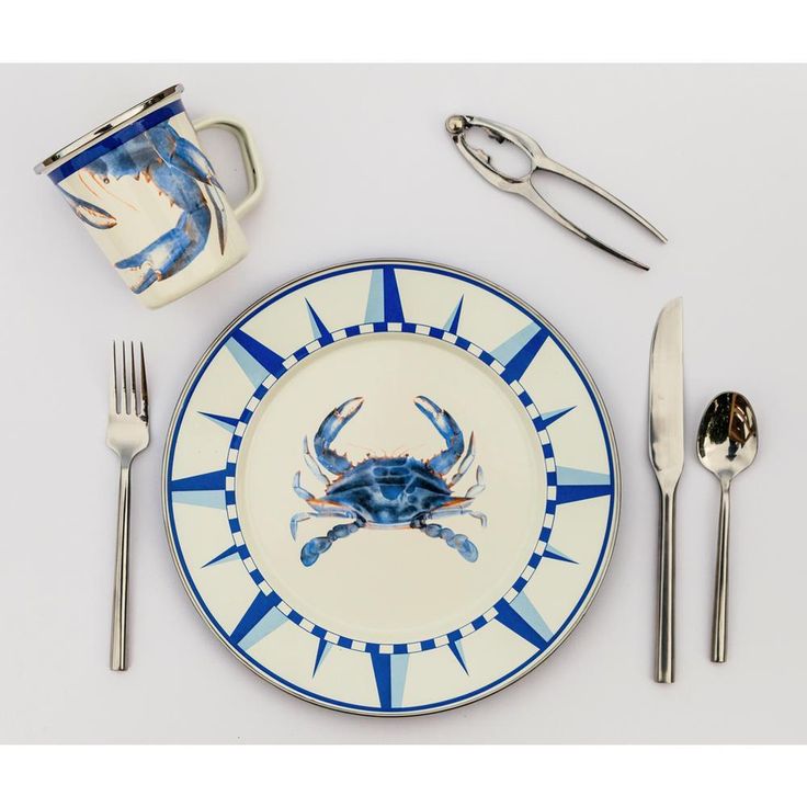 10.5 in. Blue Crab Enamelware Round Dinner Plate Set of 4