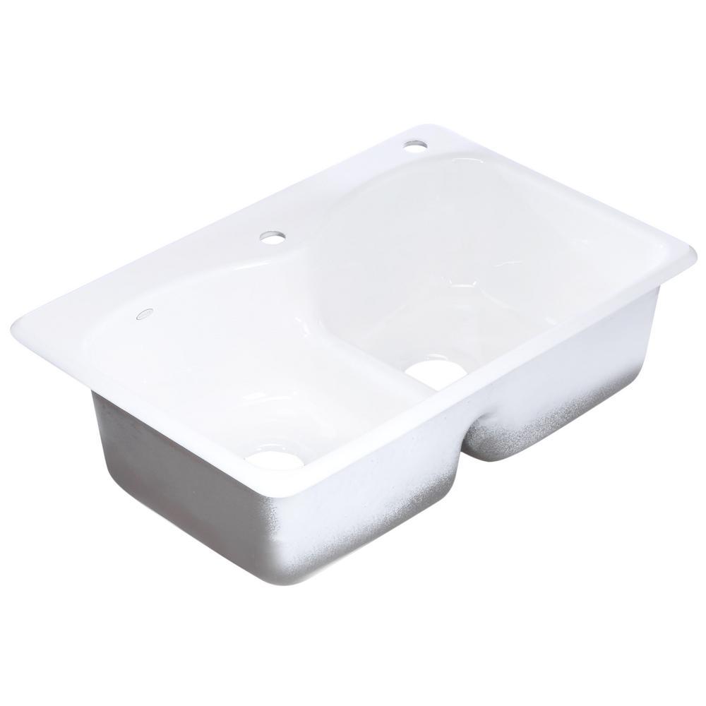 Langlade Smart Divide Drop-In Cast Iron 33 in. 2-Hole Double Bowl Kitchen Sink in White - Super Arbor